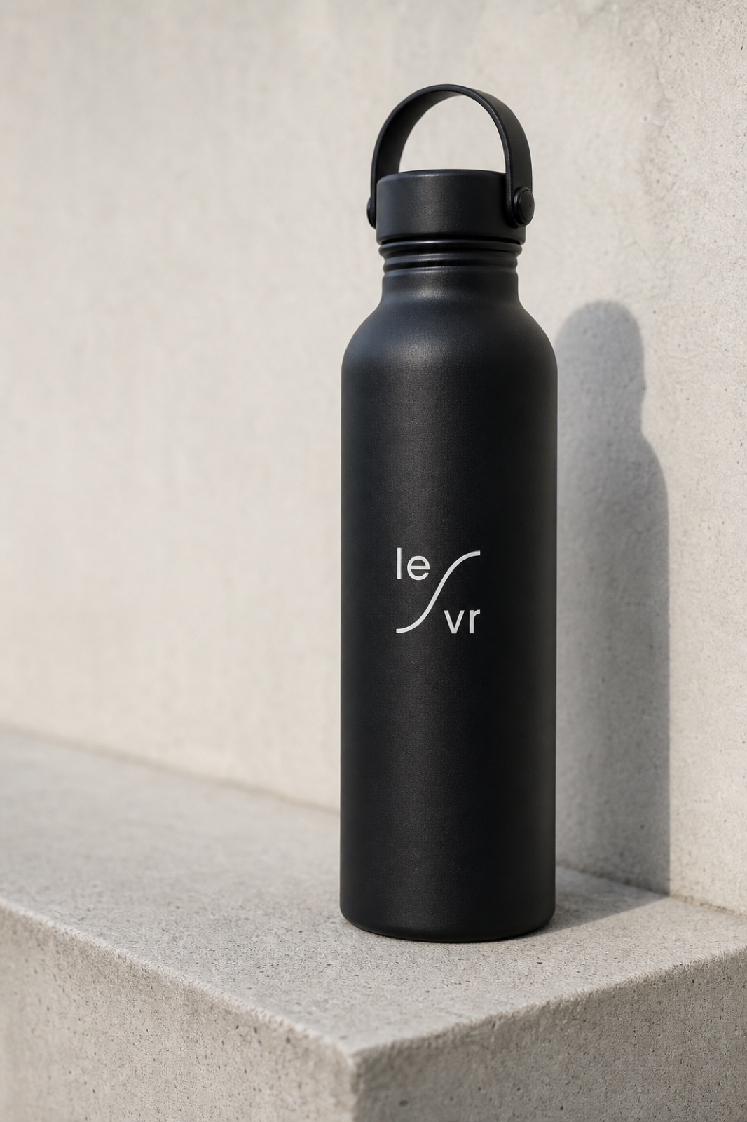 LEVR single-color mark on a water bottle.