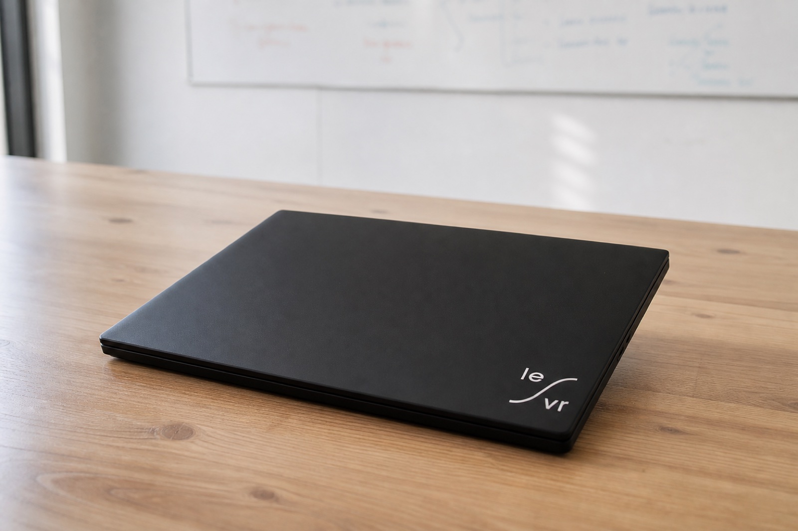 LEVR mark as a single-color decal on a laptop lid.