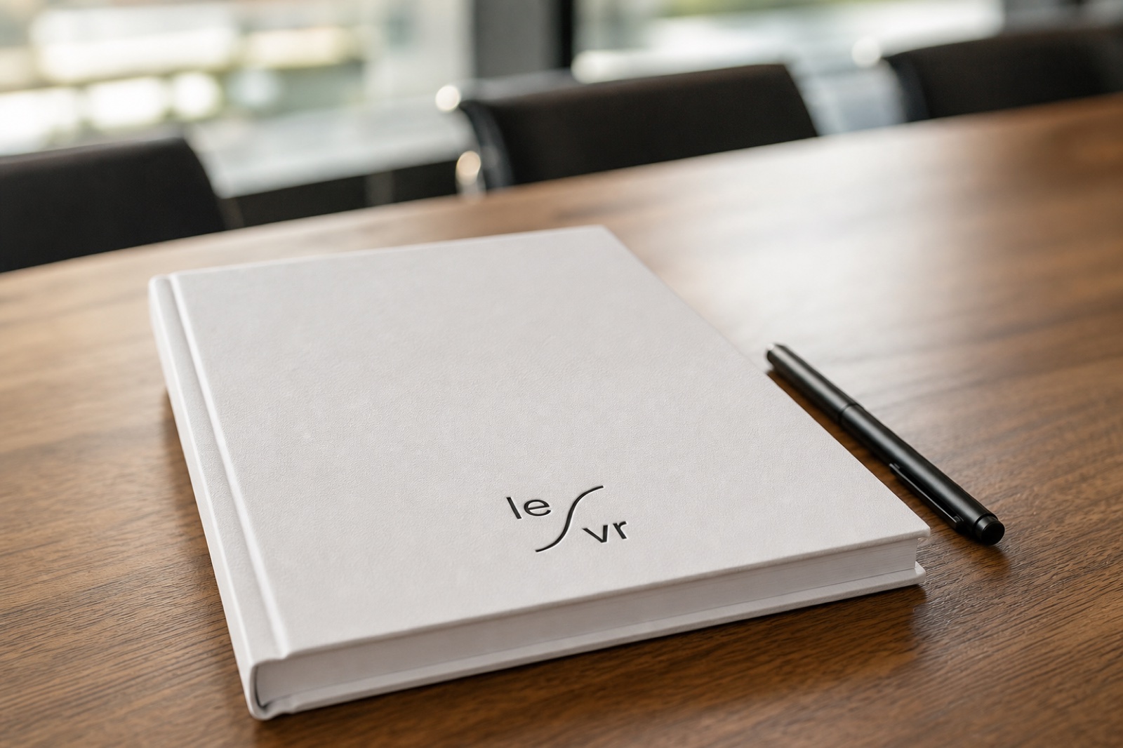 LEVR mark blind-debossed on a notebook cover.