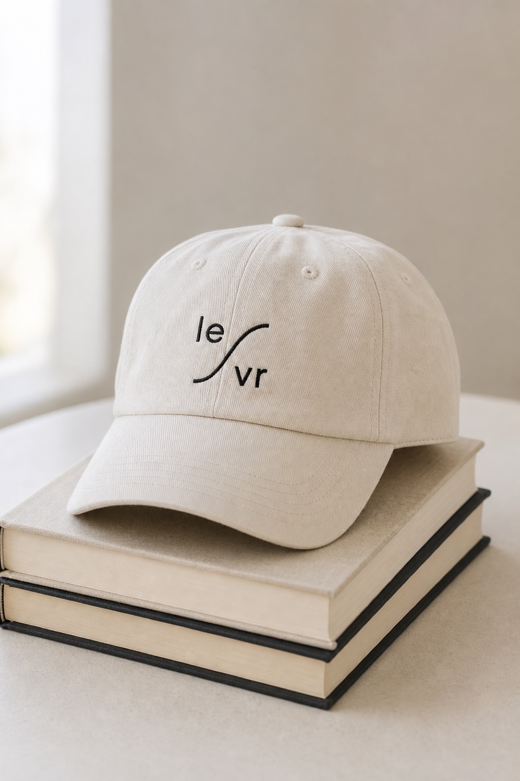 LEVR mark embroidered on a white cap.